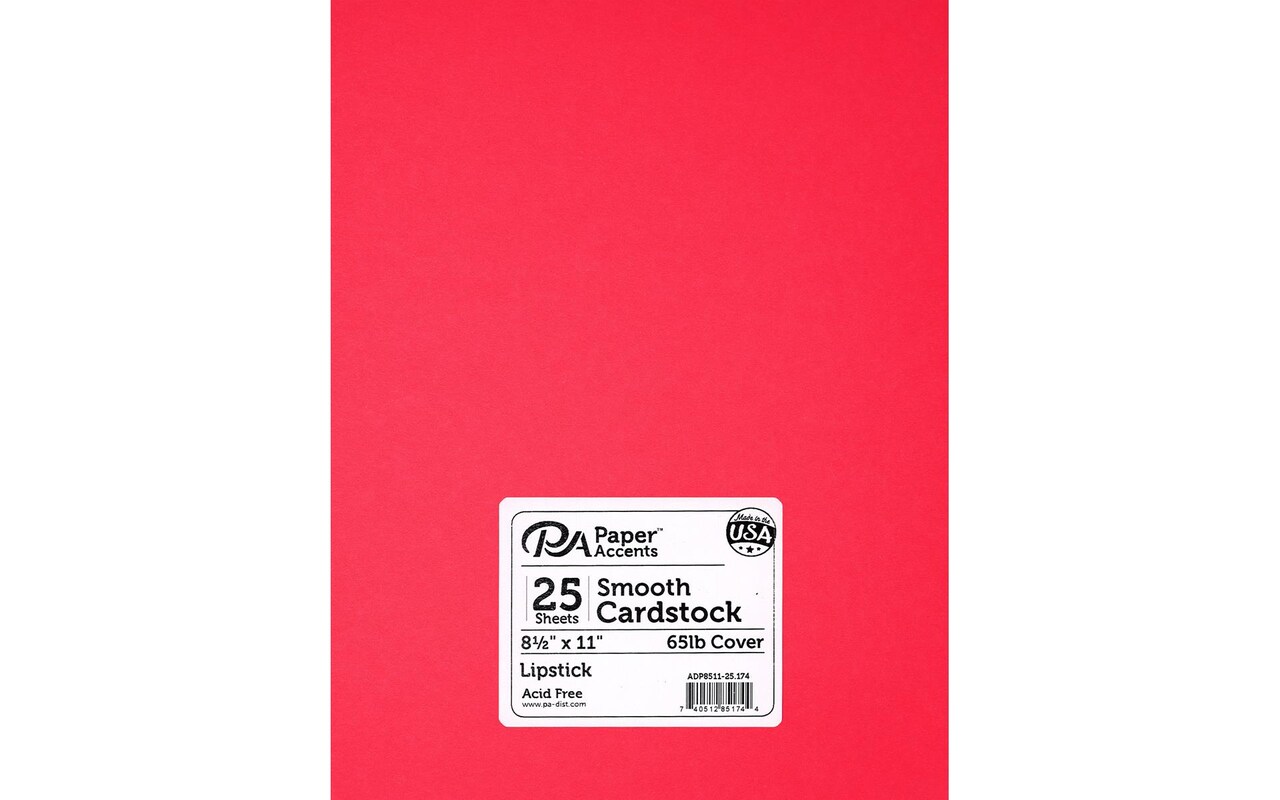 PA Paper Accents Smooth Cardstock 8.5&#x22; x 11&#x22; Lipstick, 65lb colored cardstock paper for card making, scrapbooking, printing, quilling and crafts, 25 piece pack